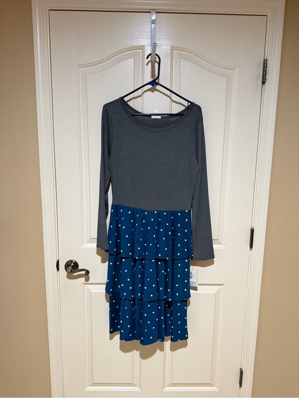 LuLaRoe Grey Top with Navy Polka Dot Tiered Georgia Skirt Dress